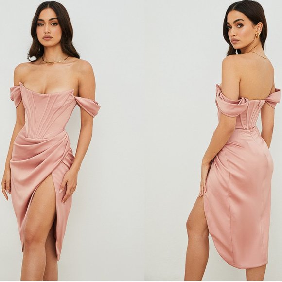 House of CB Dresses & Skirts - House of CB ‘Loretta’ Blush Pink Satin Off Shoulder Corset Dress NWOT